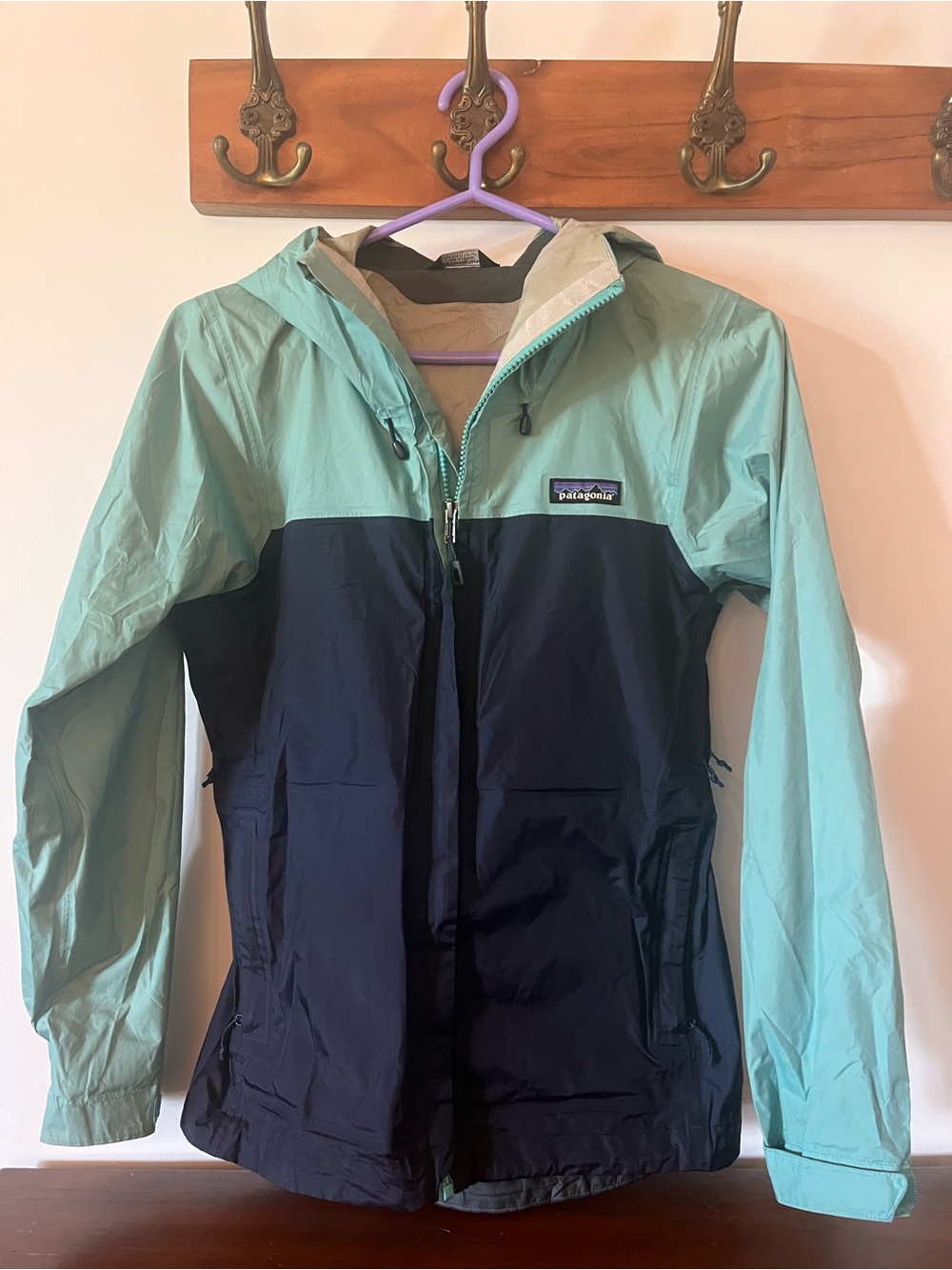 Patagonia Two-Tone Hooded Rain Jacket - Mint Green & Navy